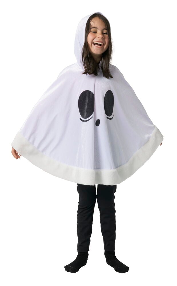 Barn bär en vit Poncho, barn Halloween One size med spökansikte, huva, svarta leggings och strumpor.