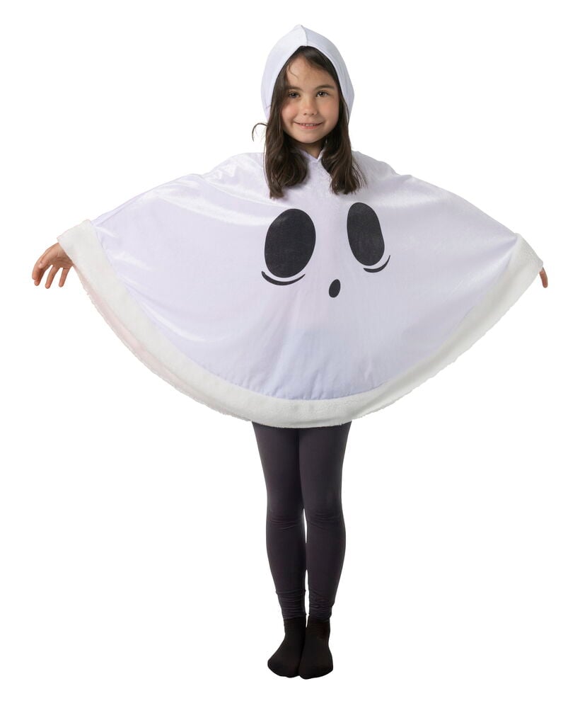 Barn bär vit Poncho, barn Halloween One size med svart spökansikte, mörkgrå leggings och svarta strumpor.