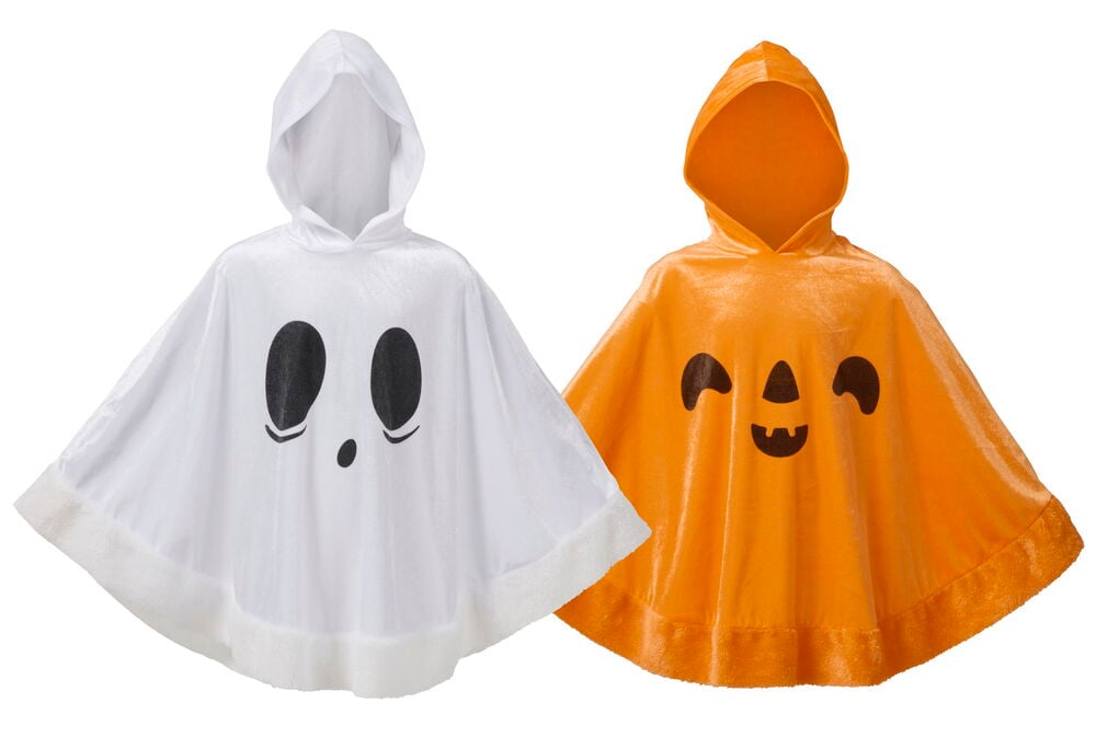 Poncho, barn Halloween One size: Två huvförsedda sammetponchos, vit spöke och orange pumpa, båda med svarta ansikten.