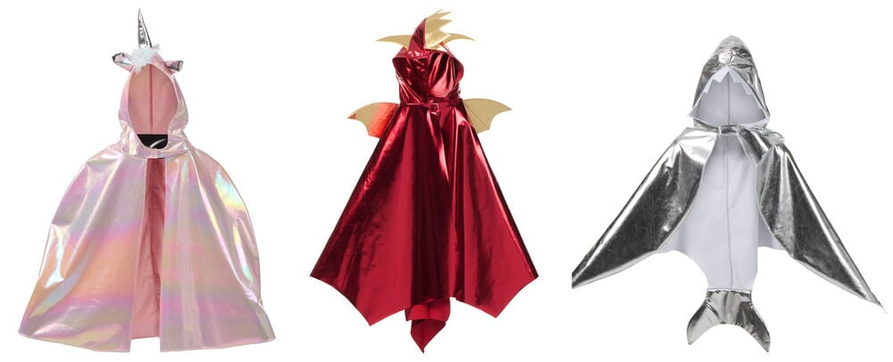 Tre Halloween cape, barn One size: rosa enhörning, röd drake och silver haj.