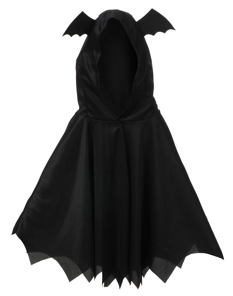 Svart Halloween cape för barn med huva, fladdermusvingar och taggig fåll, framifrån.