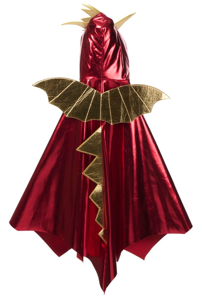 Halloween cape, barn One size är en glansig röd drakcape med guldvingar, huva och blixtformad svans.