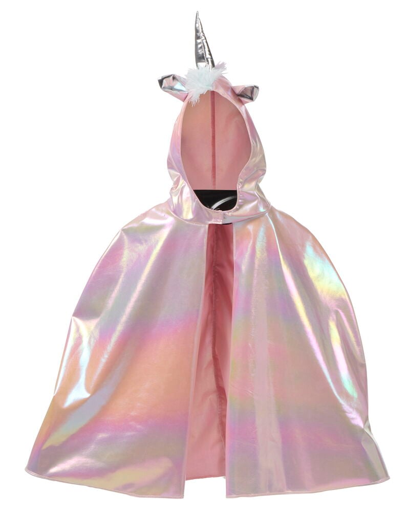 Holografisk rosa Halloween cape, barn med silver enhörningshorn och öron på huvan, framifrån.