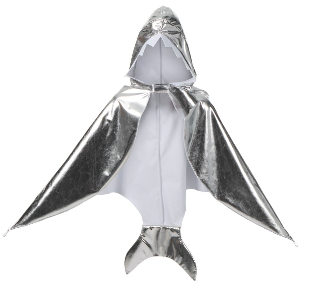 Silverfärgad Halloween cape för barn i metallic, med huva, hajdesign och vitt foder.