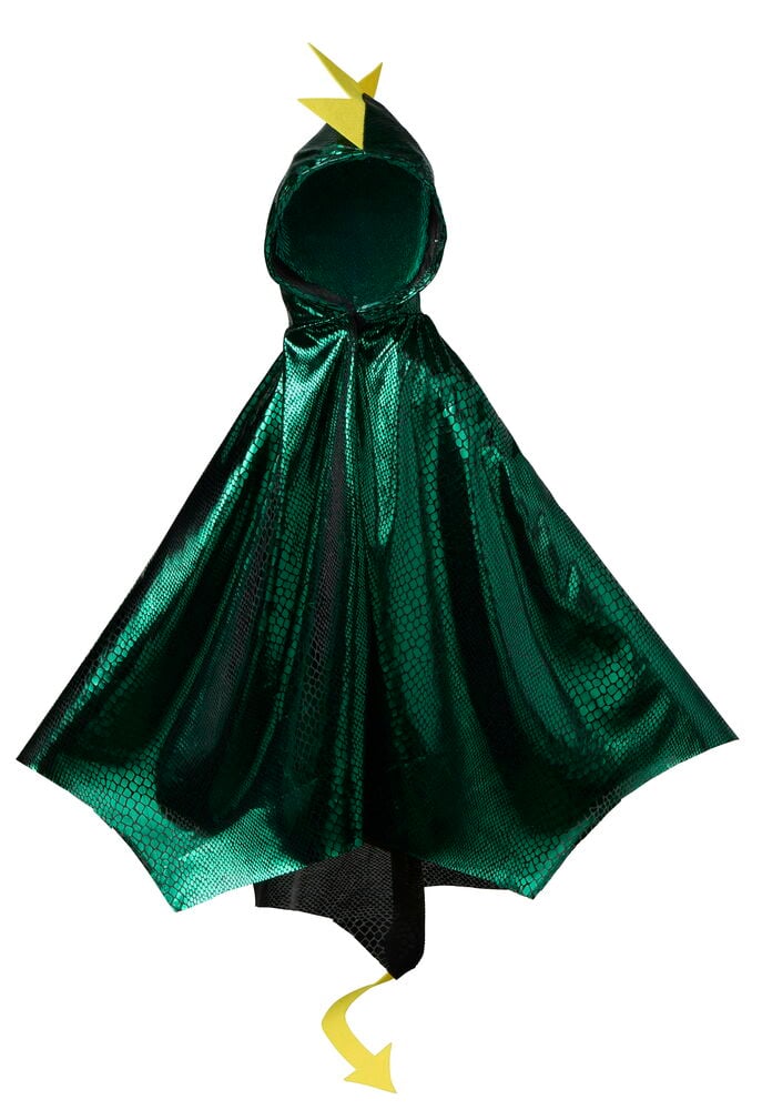 En grön Halloween cape, barn, med huva, fjällmönster, gula spikar och gul svans.