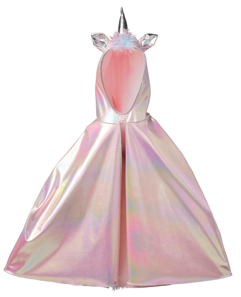 Halloween cape, barn One size, en skimrande rosa cape med enhörningshuva, silverhorn och öron, bakifrån.