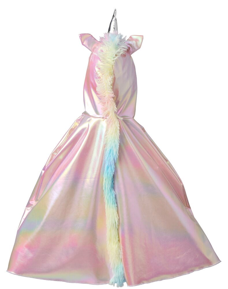Bakifrån, en iridescent rosa enhörnings Halloween cape, barn med flerfärgad fuskpäls man och silverhorn.