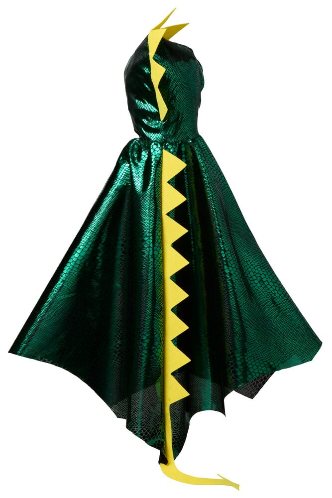 Halloween cape, barn i blankt grönt fjällmönstrat tyg med gula sågtandade drakryggar på huva och rygg.