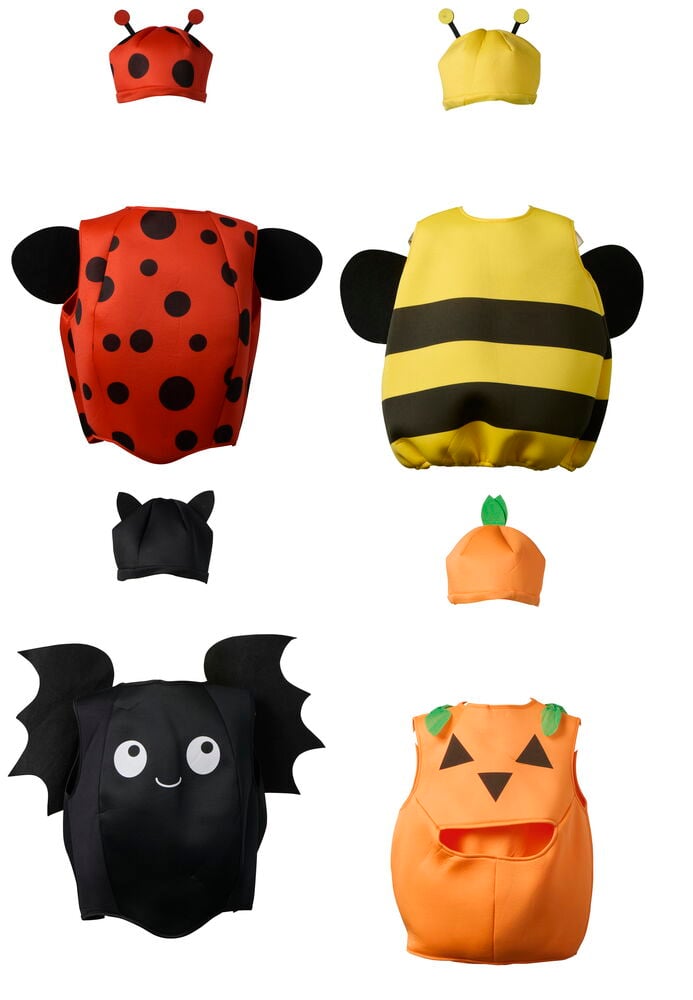 Fire Halloweenponcho, barn One size kostymer: marihøne, bie, flaggermus og gresskar, hver med matchende hatt.