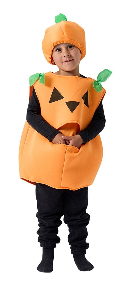 Halloweenponcho, barn One size: Et barn i oransje gresskarponcho, svart ansikt, grønne blader og matchende hatt.