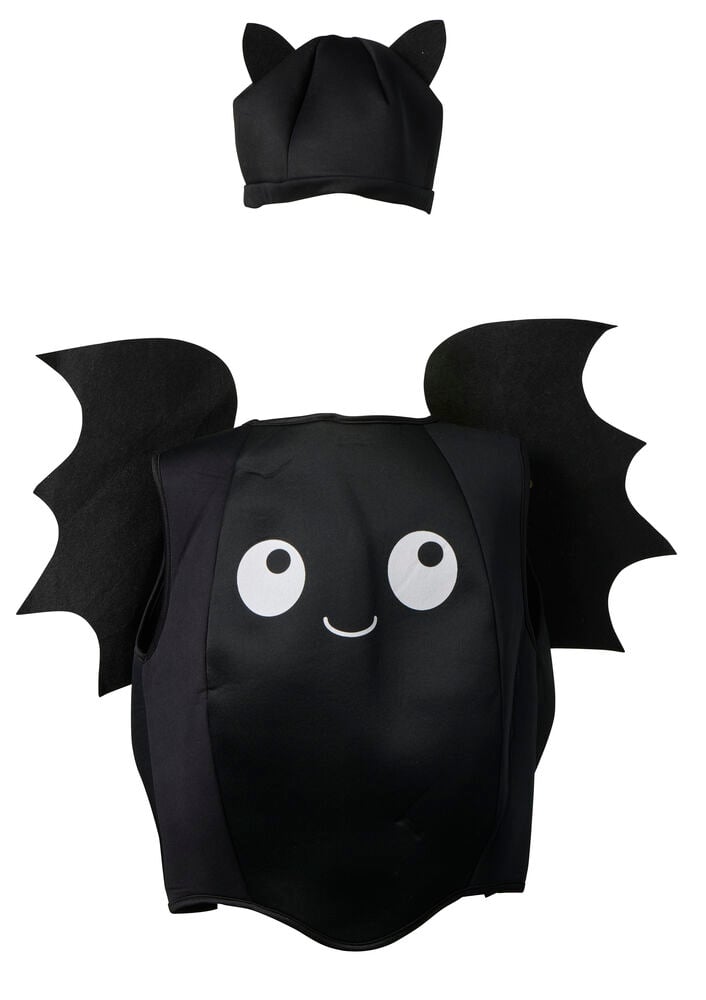 Svart skum Halloweenponcho, barn med flaggermusvinger og trykt ansikt, med matchende svart flaggermusørehatt.