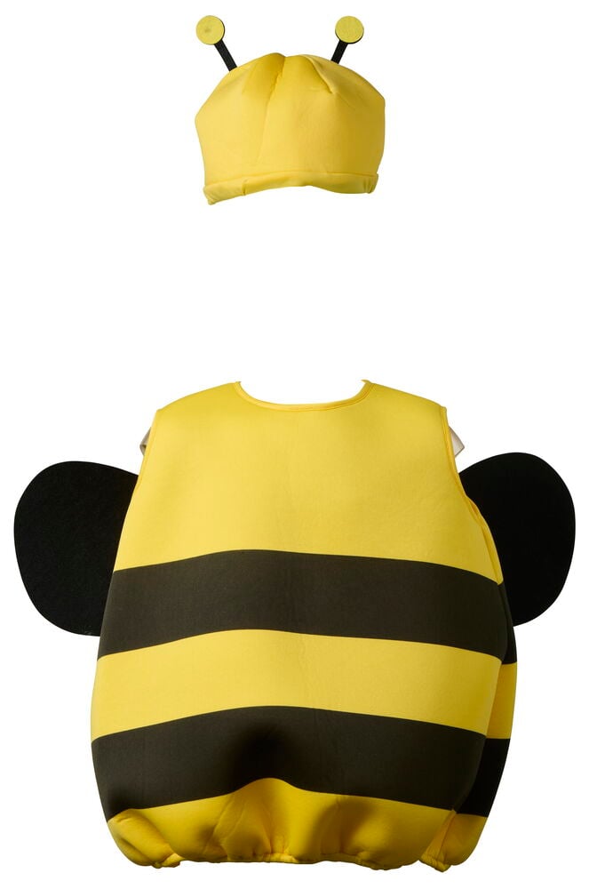 Gul- og svartstripet ermeløs Halloweenponcho, barn med en matchende gul hatt med antenner.
