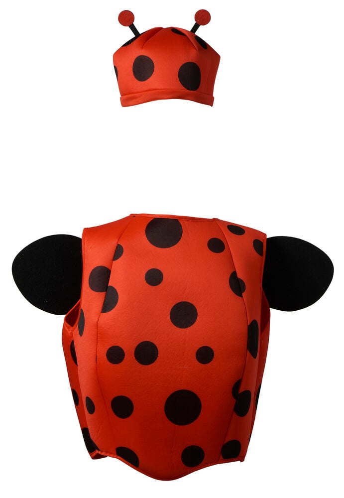 En rød Halloweenponcho, barn One size med svarte prikker og ører, sammen med en matchende lue med antenner.