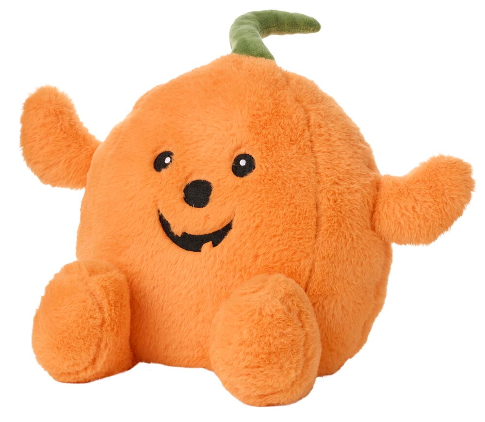 Orangefarbene Plüsch Halloween-Figur mit grünem Stiel, schwarzen Augen und Lächeln, Vorderansicht.