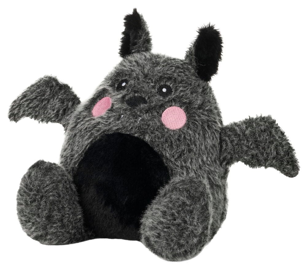 Eine dunkelgraue, flauschige Halloween-Figur als Plüschtier mit schwarzen Ohren, Flügeln, rosa Wangen und schwarzem Bauch.