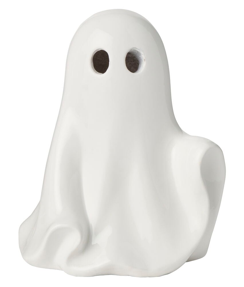 Weiße Keramik Halloween-Dekoration Gespenst mit zwei dunklen Augenlöchern, Vorderansicht.