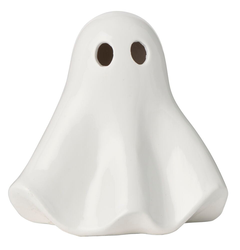 Weiße Keramik-Gespenst Halloween-Dekoration mit zwei dunklen Augenlöchern, Vorderansicht.