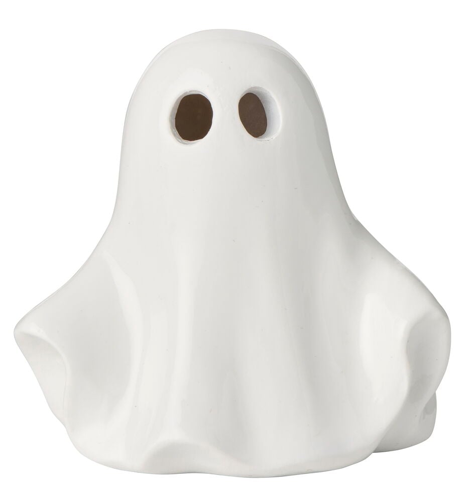 Weiße Keramik Halloween-Dekoration Gespenst mit zwei ovalen Augenlöchern, Vorderansicht.