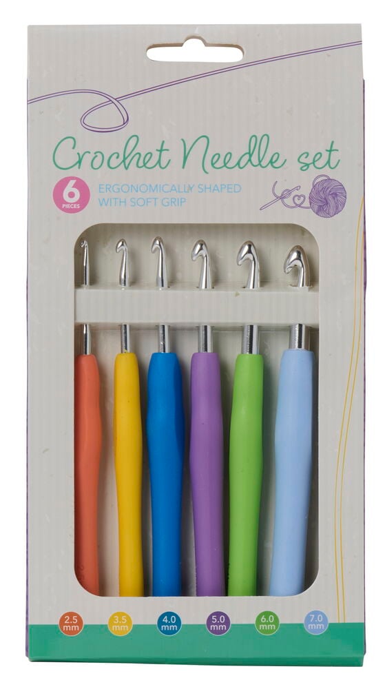Sex färgglada virknålar med ergonomiska gummihandtag.