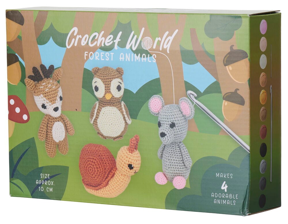 Häkel-Set 4 er-Pack Forest Animals Box zeigt Reh, Eule, Maus, Schnecke, Häkelnadel und farbige Garne.