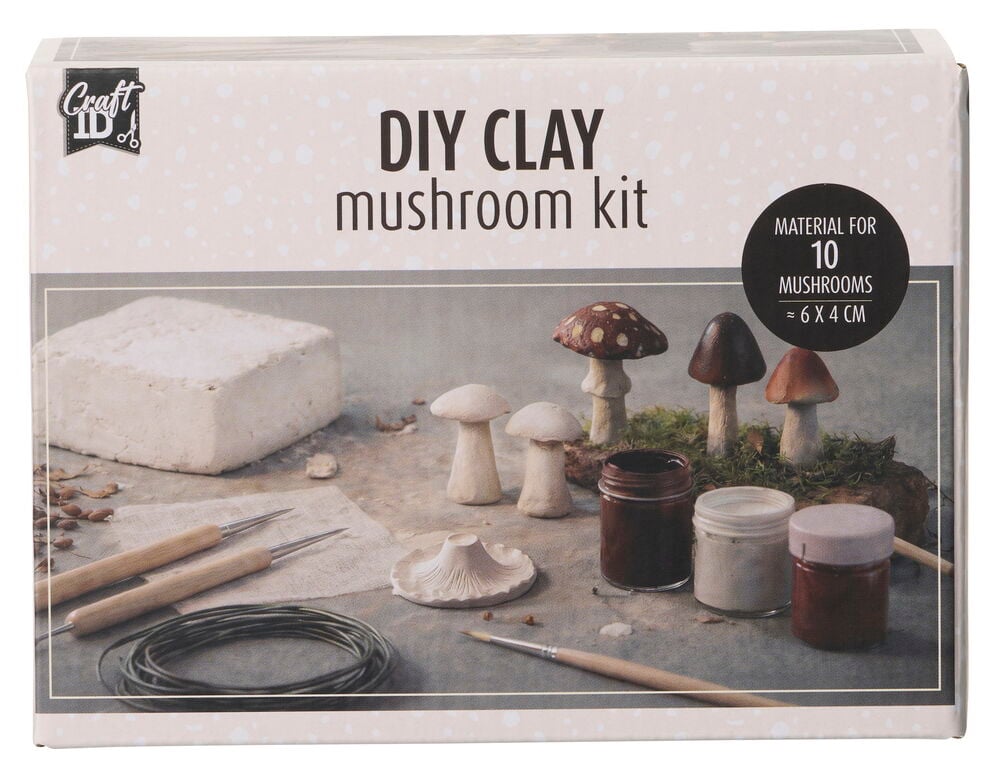 Pysselset Lera Craft ID Mushroom med vitt lerblock, verktyg, färgburkar, färdiga svampar, tråd, pensel.