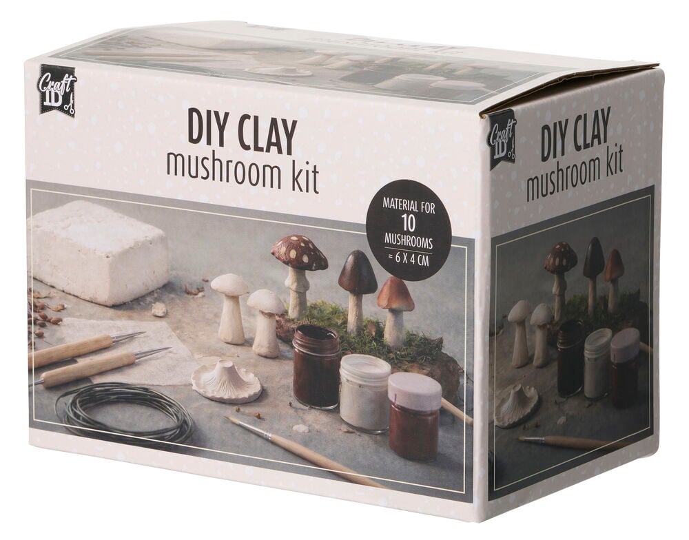 Pysselset Lera Craft ID Mushroom-låda med färdiga lersvampar, verktyg, färger och rå lera.