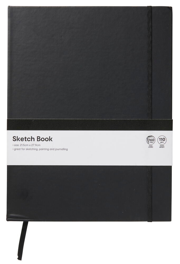 Schwarzer Skizzenblock mit elastischem Band und Umschlag.