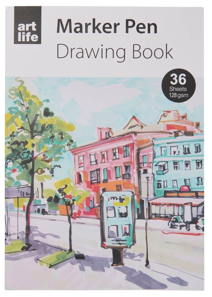 Skizzenblock mit farbenfroher Stadtzeichnung auf der Vorderseite.