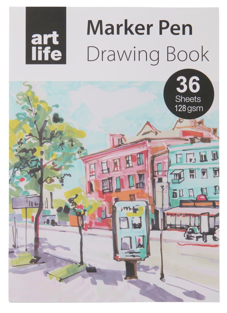 Skissblock med tecknad stadsmiljö på omslaget.