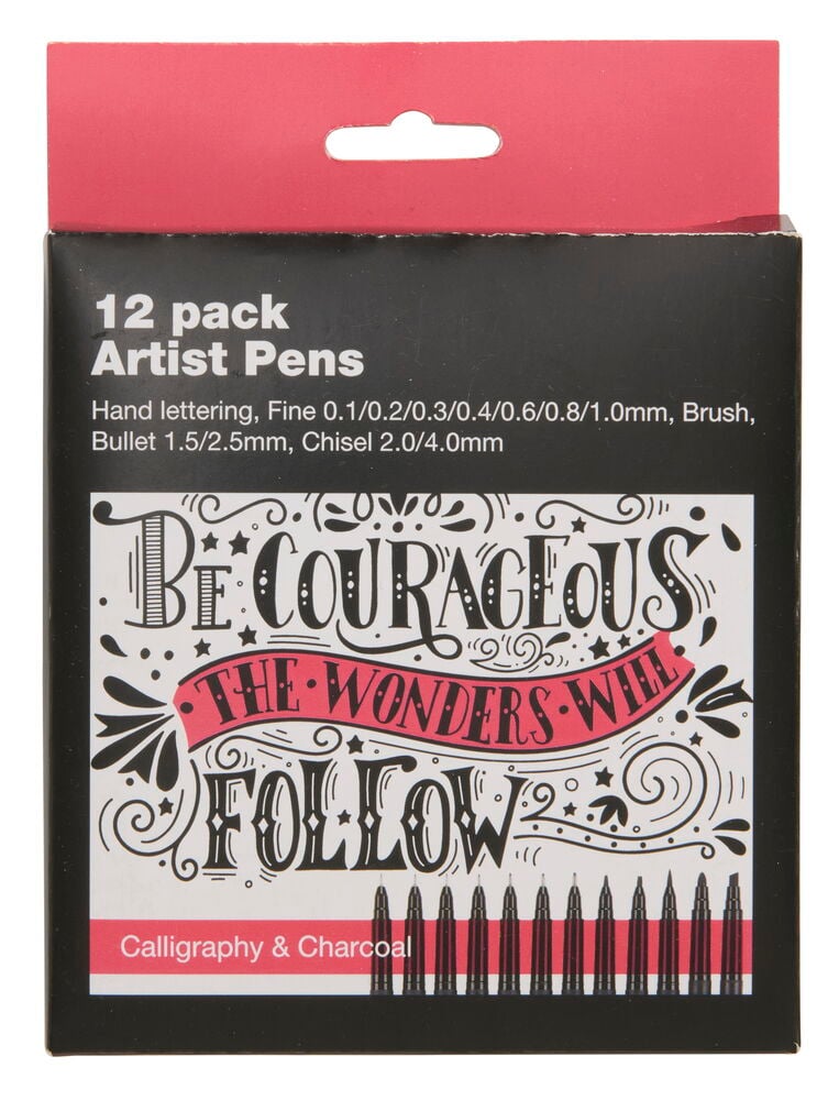 Schwarze Schachtel mit zwölf Künstlerstiften für Kalligrafie.