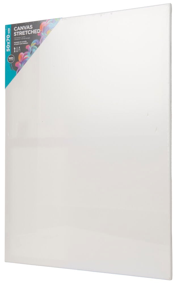 Weißes Leinwandtuch mit sichtbarem Rahmen und Etikett.