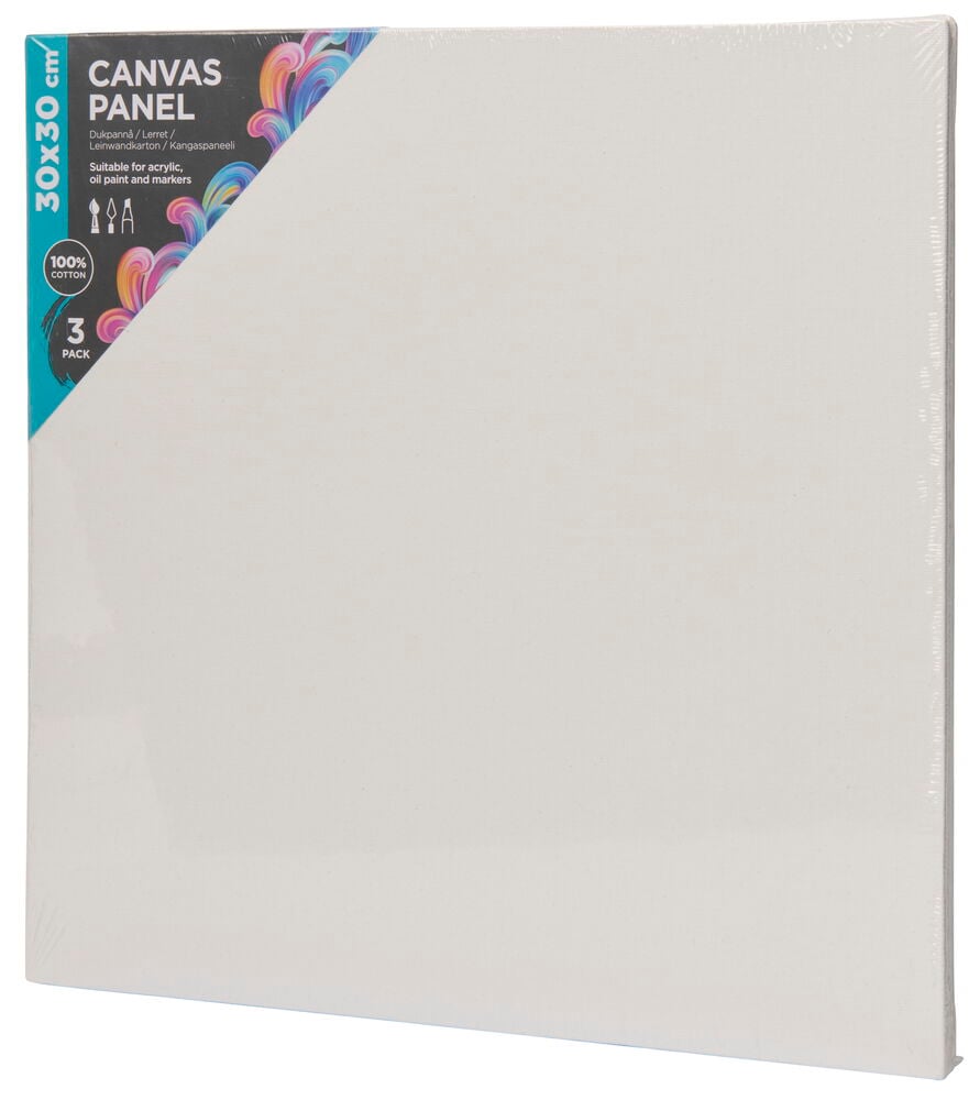 Drei weiße Leinwandtafeln 30x30 cm in der Verpackung.