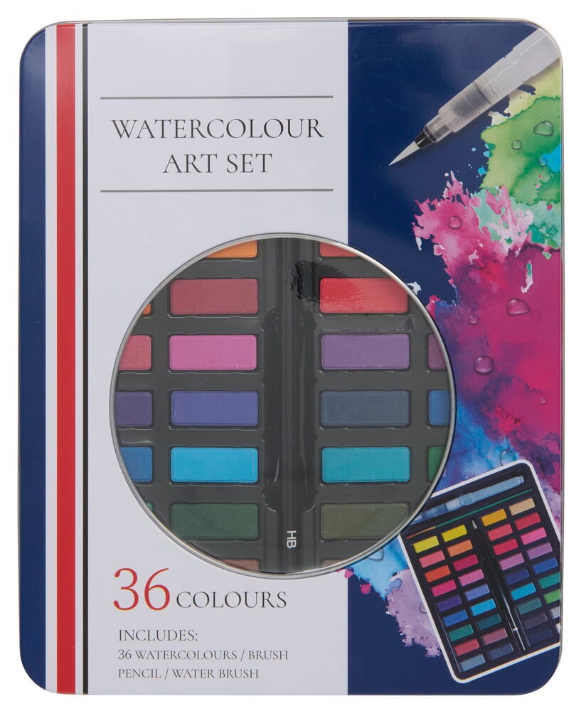 Aquarellfarben in einer Schachtel mit Wassertankpinsel und Pinsel.