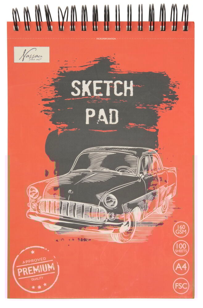 Roter Skizzenblock mit gezeichnetem Auto auf der Vorderseite.