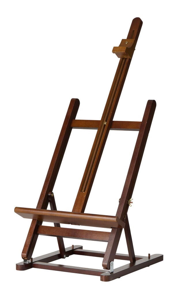 En justerbar bordstaffli i mörkt trä.