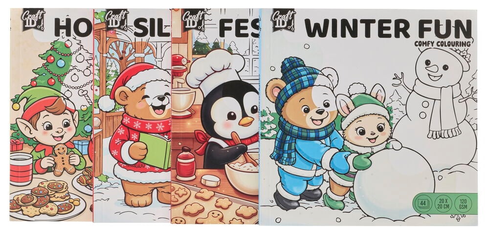 Målarbok 20 ark Cute & Comfy Christmas set visar flera böcker med söta juldjursillustrationer på omslagen.