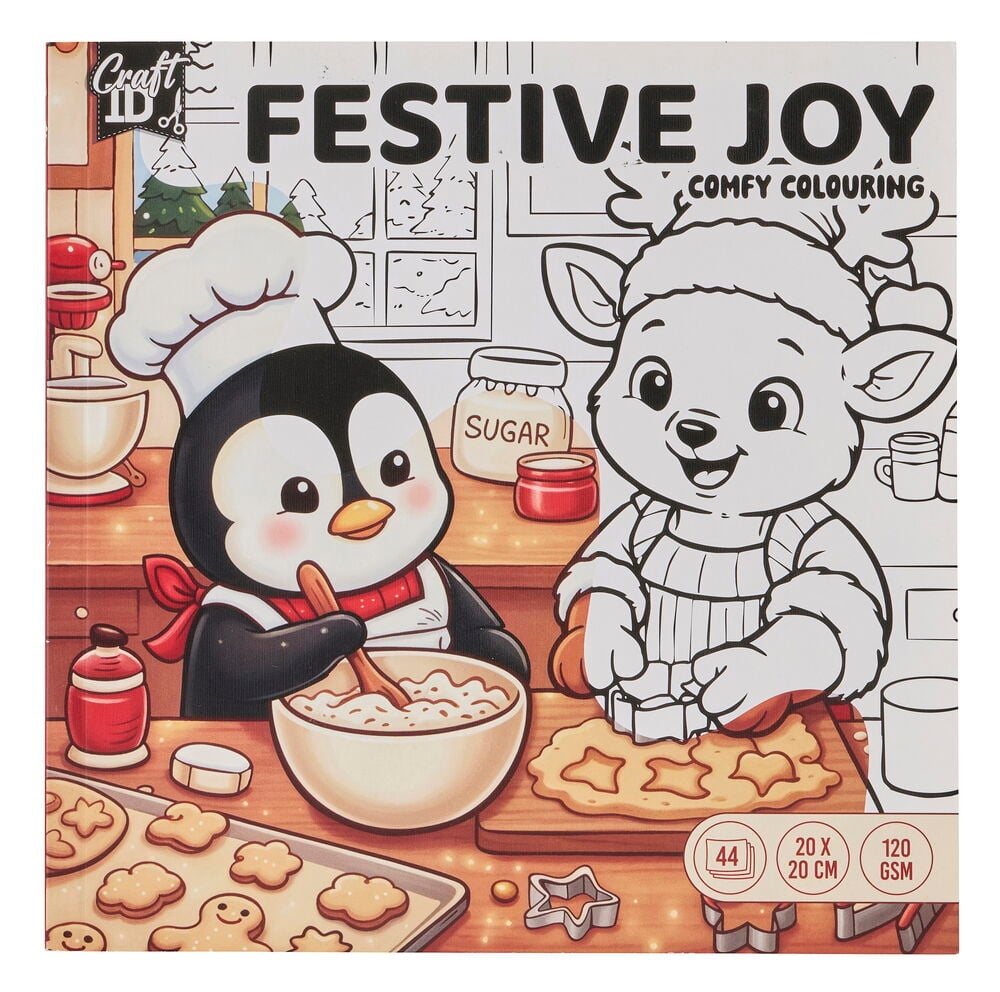 Målarbok 20 ark Cute & Comfy Christmas, visar en pingvin och ett rådjur som bakar kakor på omslaget.