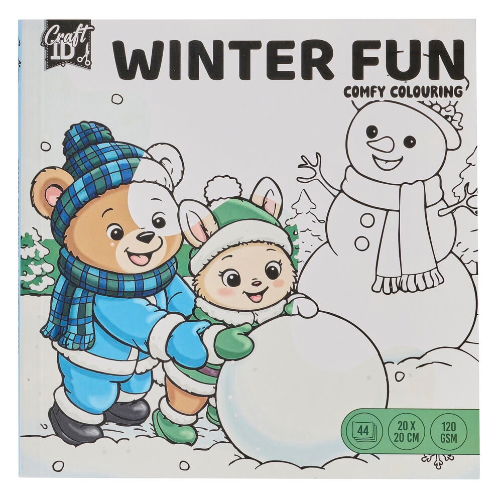 Målarbok 20 ark Cute & Comfy Christmas. Omslaget visar björn, kanin, snögubbe. 44 illustrationer.