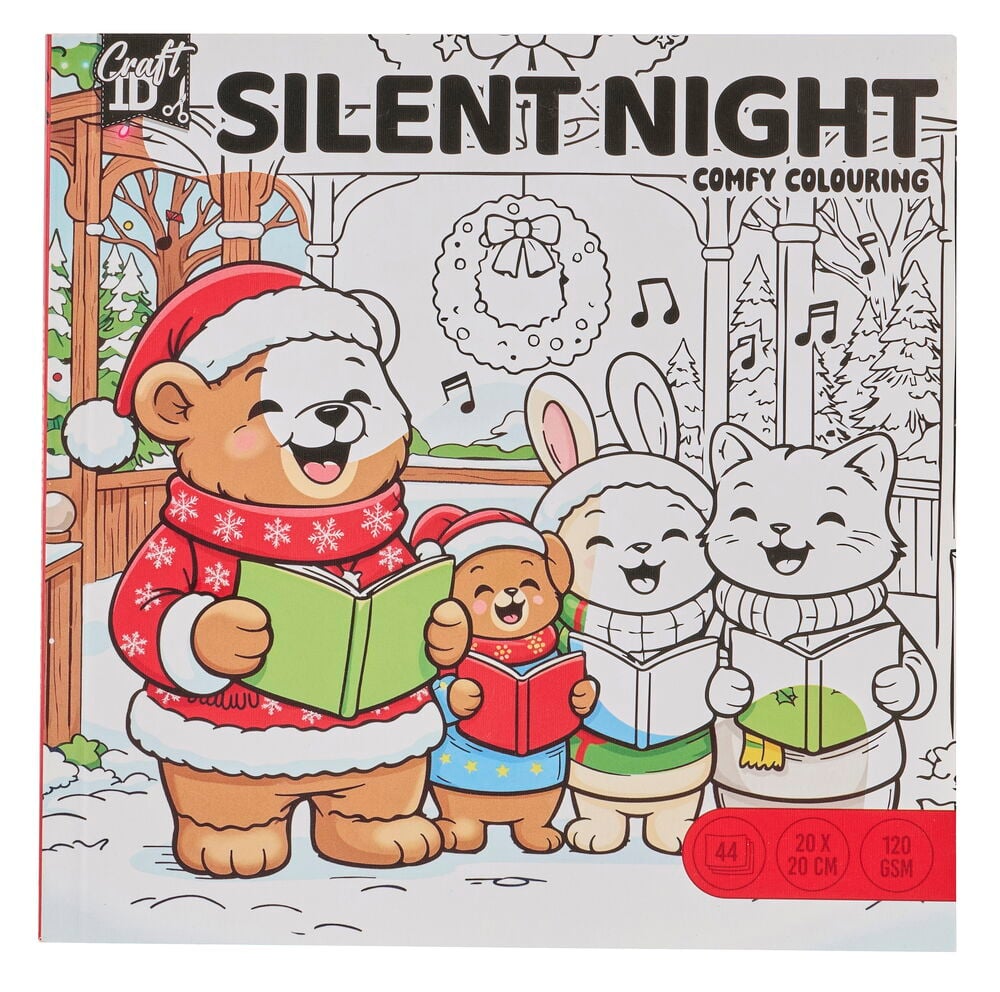 "Målarbok 20 ark Cute & Comfy Christmas" visar tecknade djur som sjunger julsånger på en "Silent Night"-framsida.