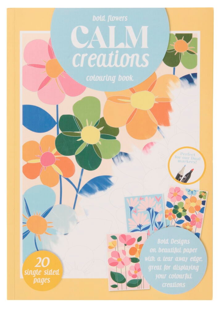 Värityskirja kaksikärkisille huopakynille 20 arkkia Kukat, keltainen kansi, värikkäitä kukkia, vaaleansininen etiketti ja valmiita kuvia.