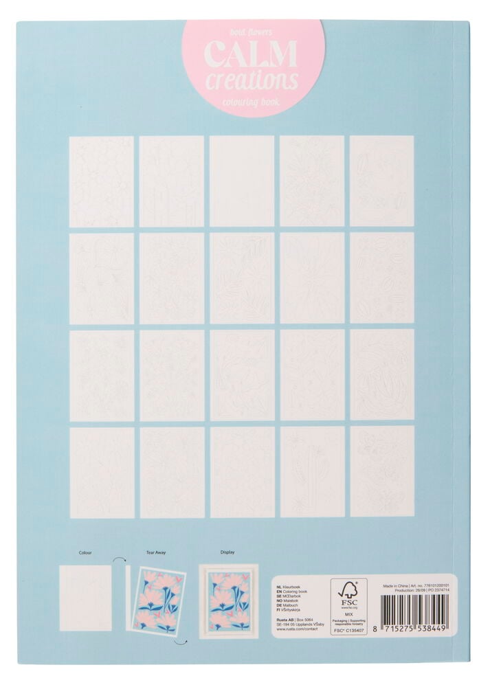 Vaaleansininen Värityskirja kaksikärkisille huopakynille 20 arkkia Kukat sisältäen värjäämättömien sivujen ruudukon.