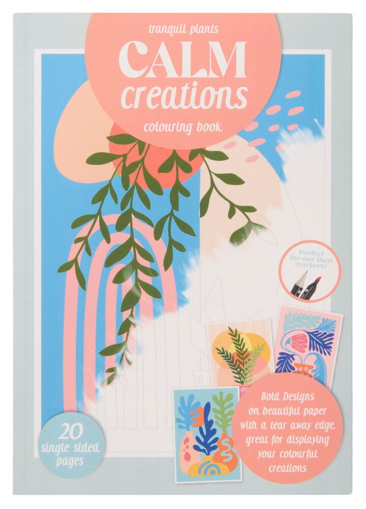 Ausmalbuch Calm Creations mit ruhigen Pflanzenmotiven, 20 einseitige Blätter, für Doppelfasermaler.