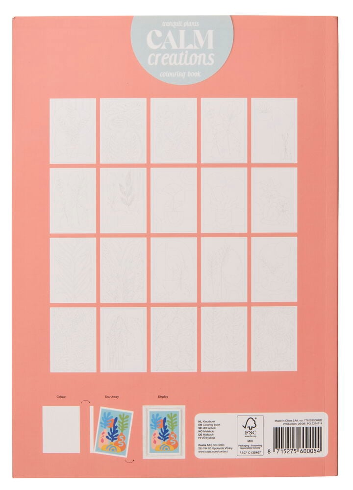 Rosa Calm Creations Ausmalbuch für Doppelfasermaler, 20 Blätter, mit 16 Pflanzen-Umrisszeichnungen.