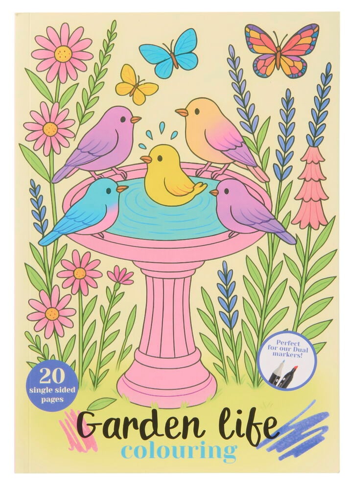 Ausmalbuch für Doppelfasermaler 20 Blätter Gartenleben mit gelbem Einband, rosa Vogelbad, bunten Vögeln und Blumen.
