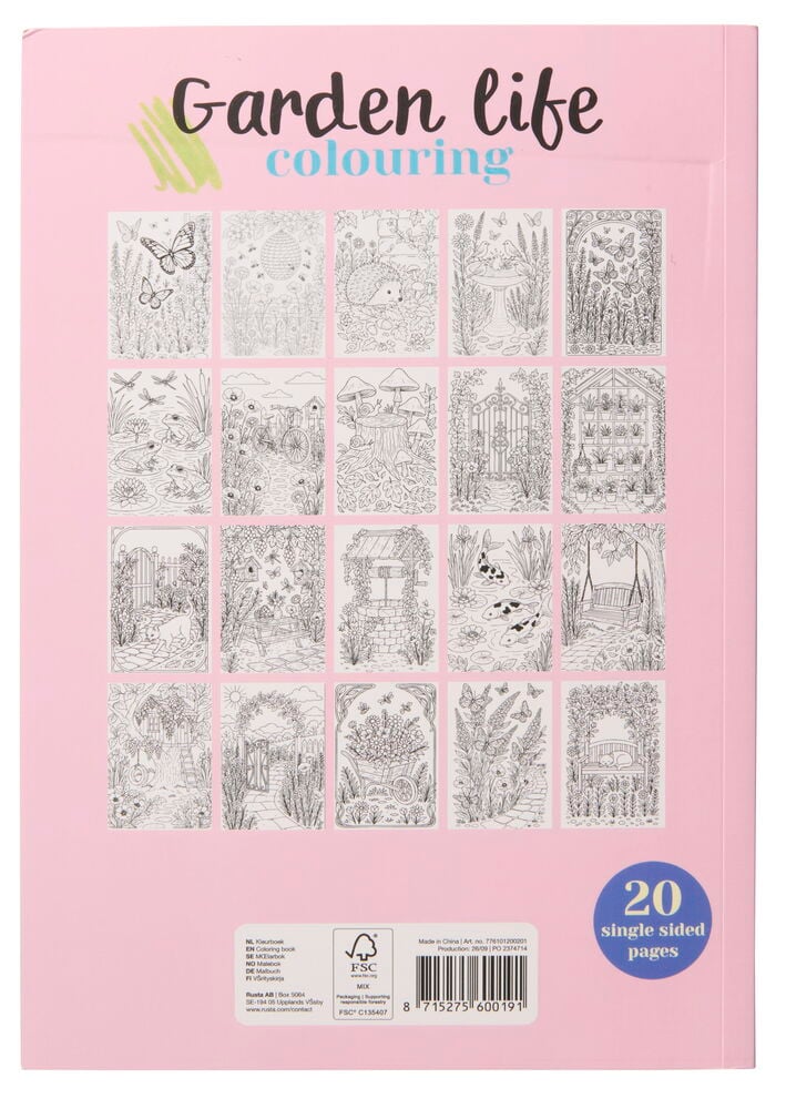 Ausmalbuch für Doppelfasermaler 20 Blätter Gartenleben, rosa Rückseite mit 20 Miniaturillustrationen.