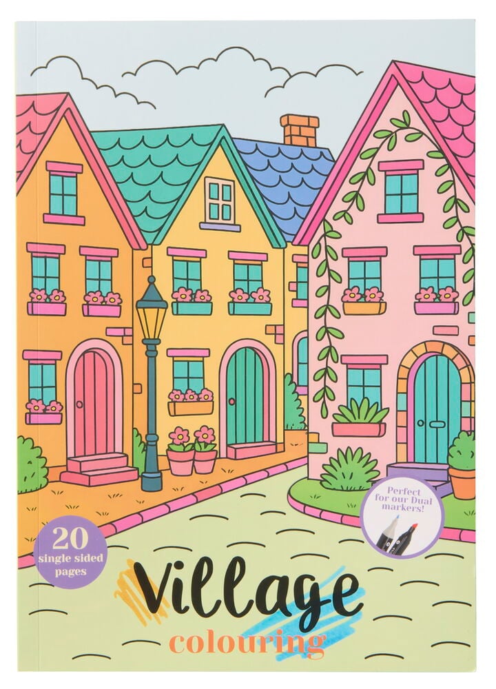 Ausmalbuch für Doppelfasermaler 20 Blätter Dorf mit Hausillustration auf dem Einband.