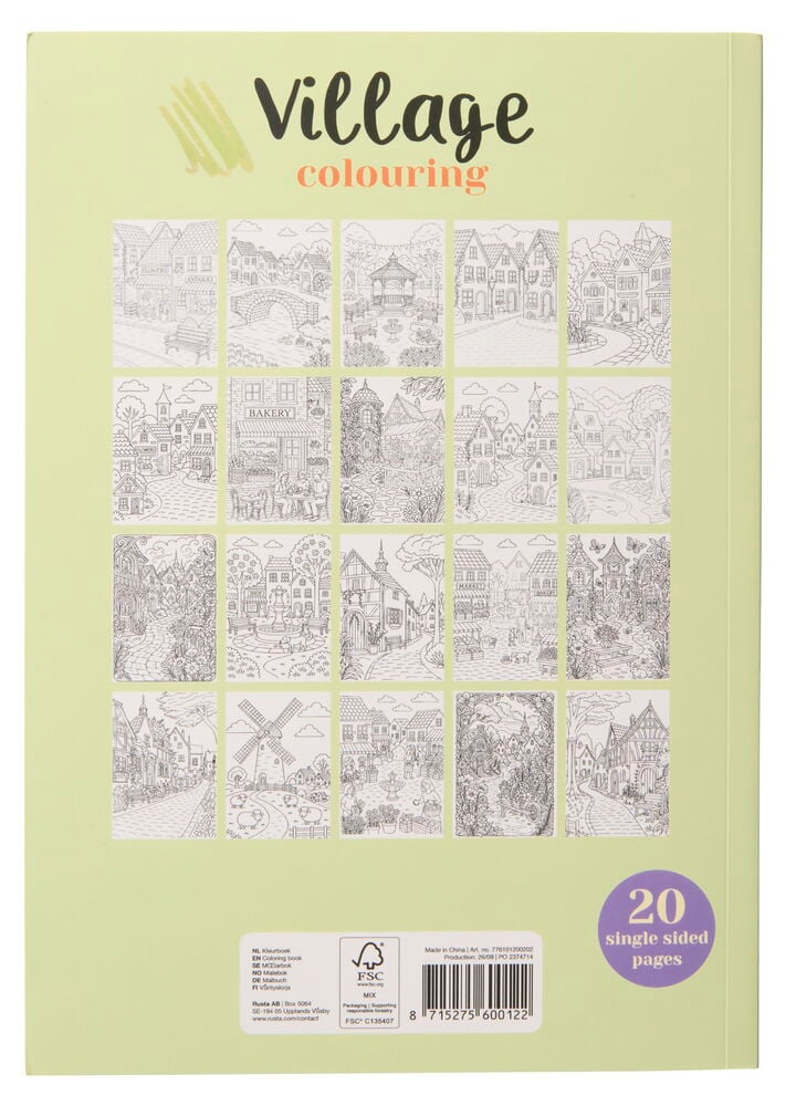 Dorf Ausmalbuch, Rückseite zeigt 20 einseitige Seiten mit Dorf-Illustrationen.