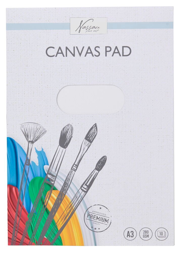 Hvit A3 lerretsblokk med Nassau-logo, 'CANVAS PAD' tekst, pensler og fargerike penselstrøk.
