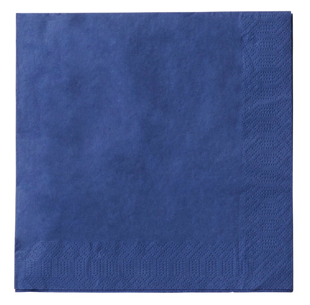 Taitettu tummansininen paperiservetti, jossa on kohokuvioitu reuna.