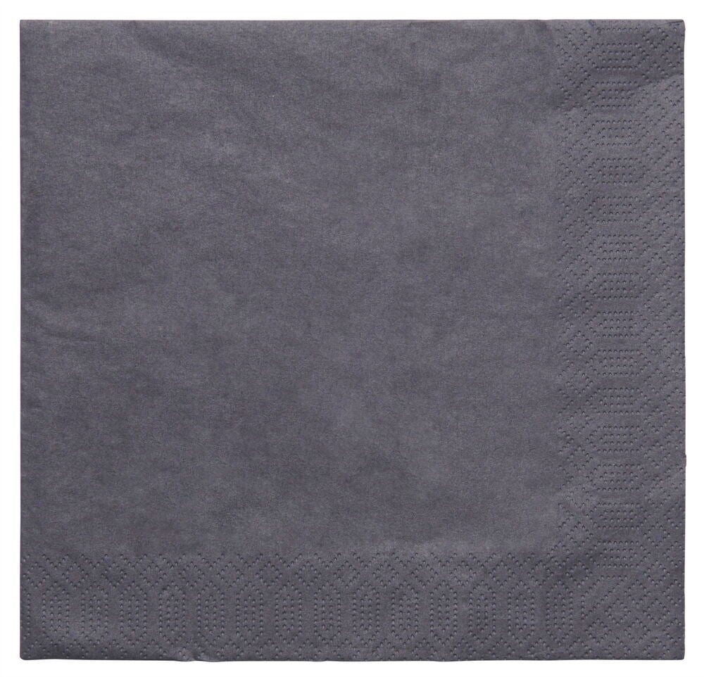 Musta paperiservietti kohopainatulla reunalla.